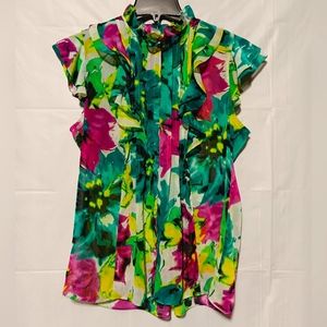 Anne Klein EUC Women's Floral Blouse, Large, Pleats, Ruffles, Sheer, High Neck